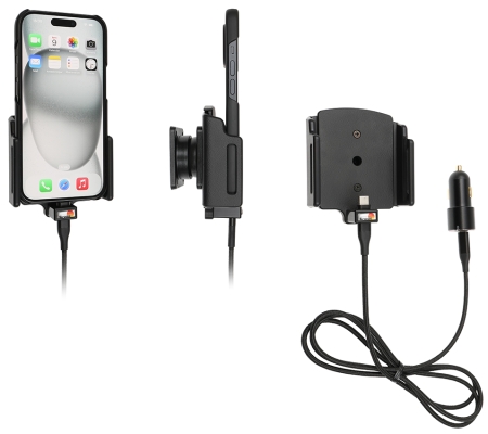 Brodit Aktiv holder med USB-kabel og cigaretadapter, Apple iPhone 15/15 Pro/16/16 Pro/16e i gruppen Bilstereo / Smartphone i bilen / Mobilholdere hos BRL (240721370)