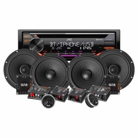 JVC KD-T922BT & GAS MAX K2/X2 for- og bagsystem, bilstereopakke i gruppen Pakkeløsninger / Pakker til bilen / Bilstereopakke hos BRL Electronics (SETKDT922BTK2)