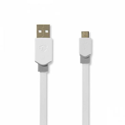 Nedis USB 2.0 USB-A hane till Micro-USB hane, 1m. Vit, platt