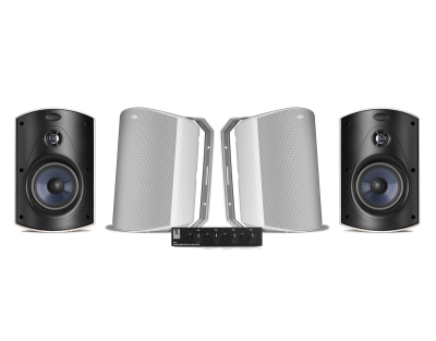 System One SC4B højttaleromskifter & 2 par Polk Audio Atrium 6 Hvide Udendørshøjttalere