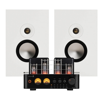 Dayton Audio HTA100 med Monitor Audio Bronze On-Wall 7G i hvid, stereopakke