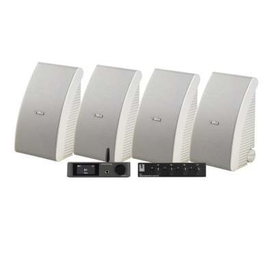 4-pack Yamaha NS-AW592 i hvid med Dynavoice CA802BT og SC4B, udendørspakke