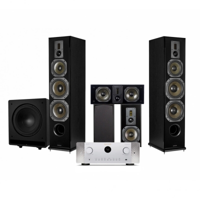 Dynavoice Definition 5.1 hjemmebiografpakke med Marantz Cinema 60 sølv