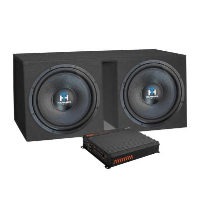 2x15 baspakke med Hammer Tech LCW15V2D4 i kasse med forstærker