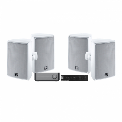 WiiM Amp med 2 par hvide Magnat Symbol X 160 & SC4B højttaleromskifter