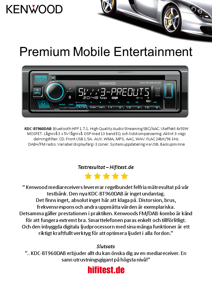 Kenwood KDC-BT960DAB, bilstereo med Bluetooth och DAB+ och 3 par lågnivå med 5V