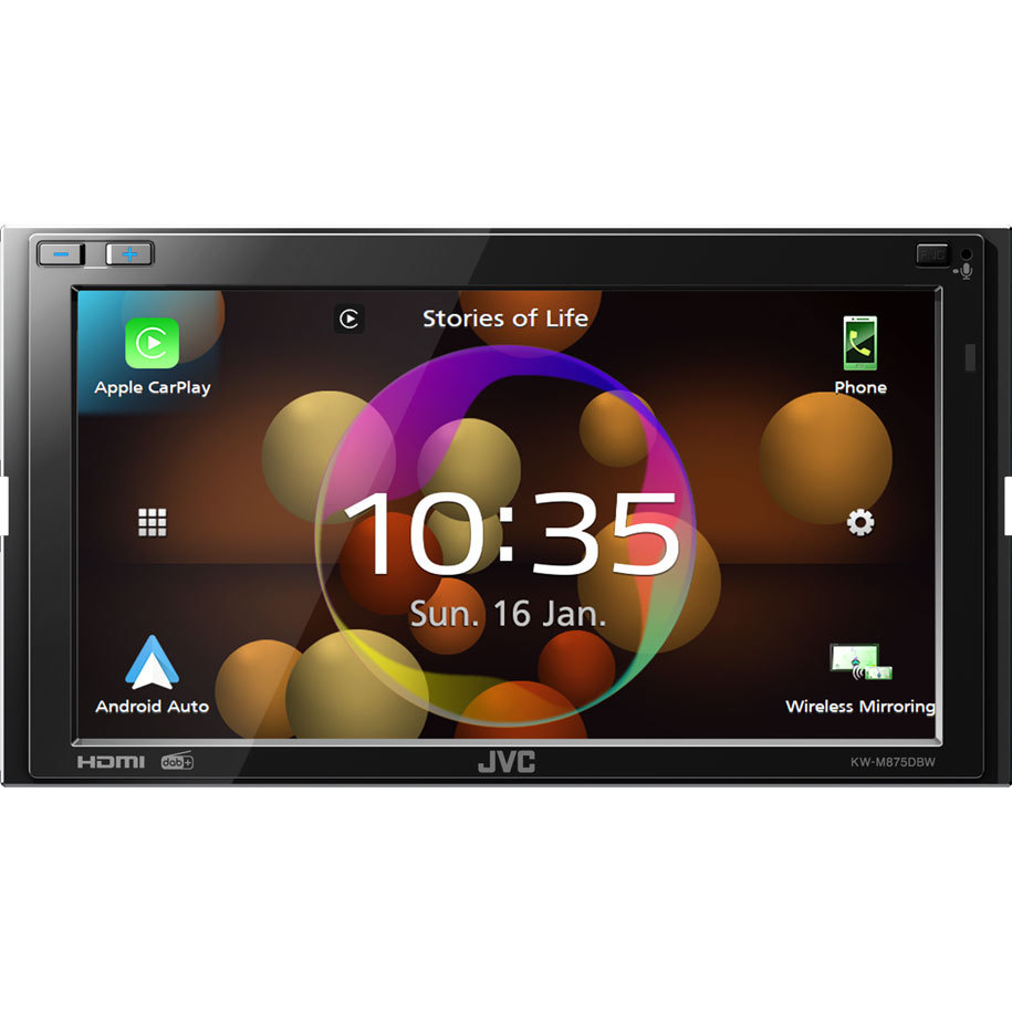 JVC KW-M875DBW, bilstereo med CarPlay, Bluetooth og 3 par (5V) lavniveau