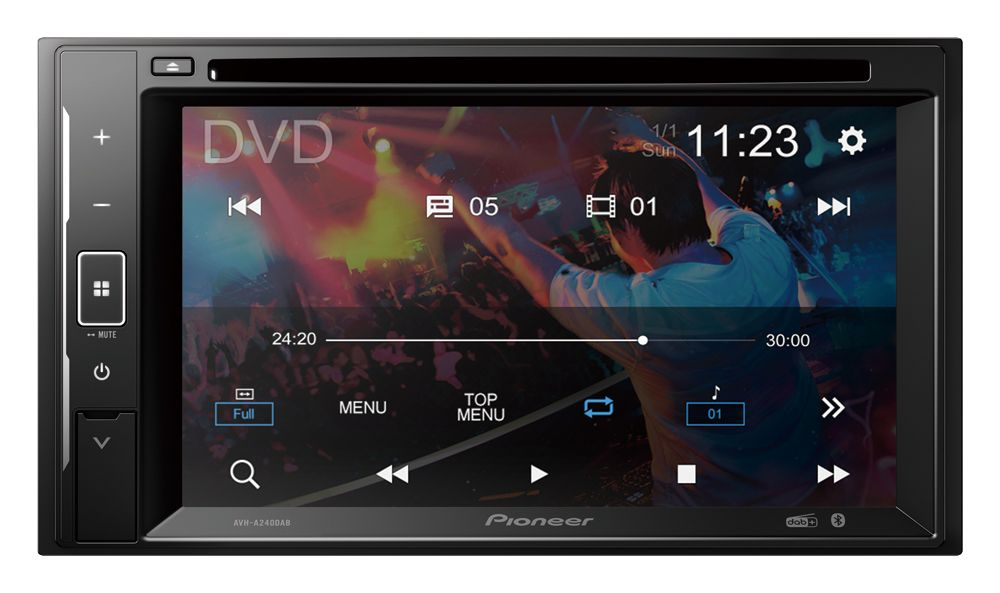 Pioneer AVH-A240DAB, bilstereo med Bluetooth, DVD, DAB og 3 par lavniveau