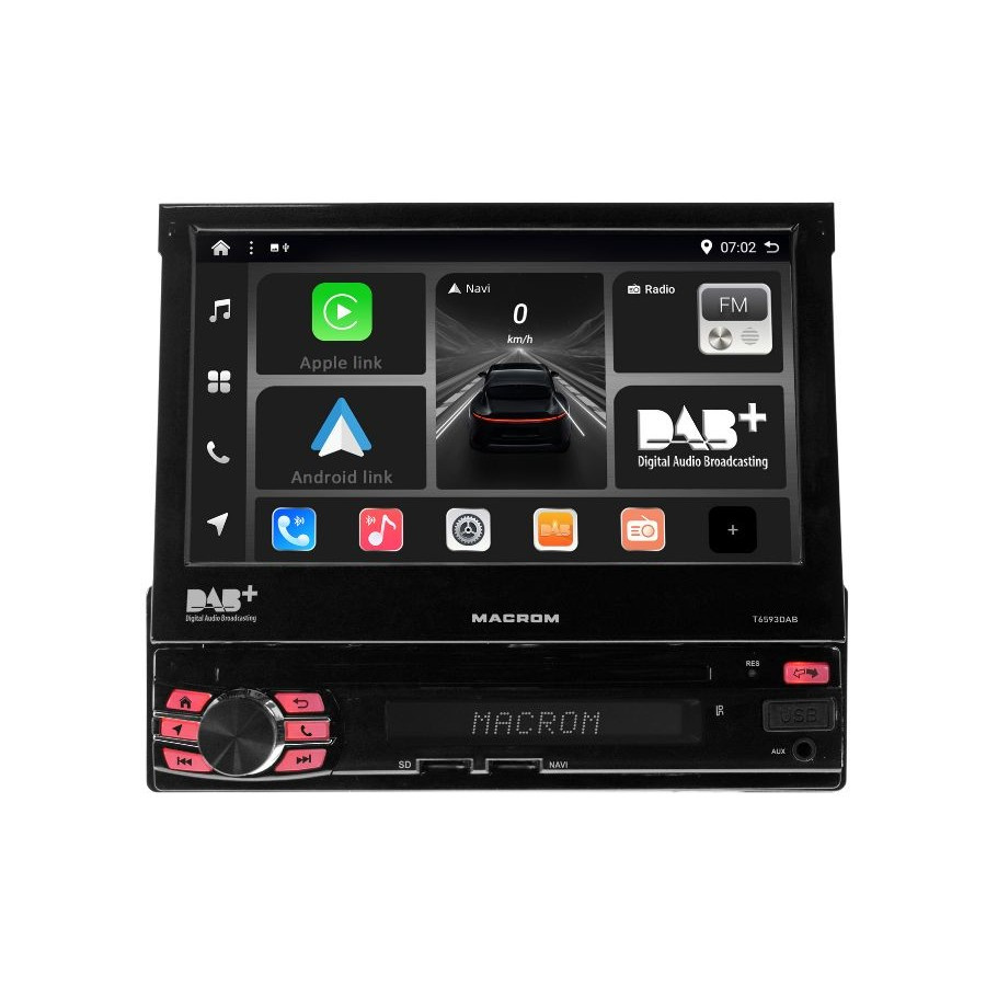 Macrom T6593DAB bilstereo med motoriseret skærm, Android 13 & mere