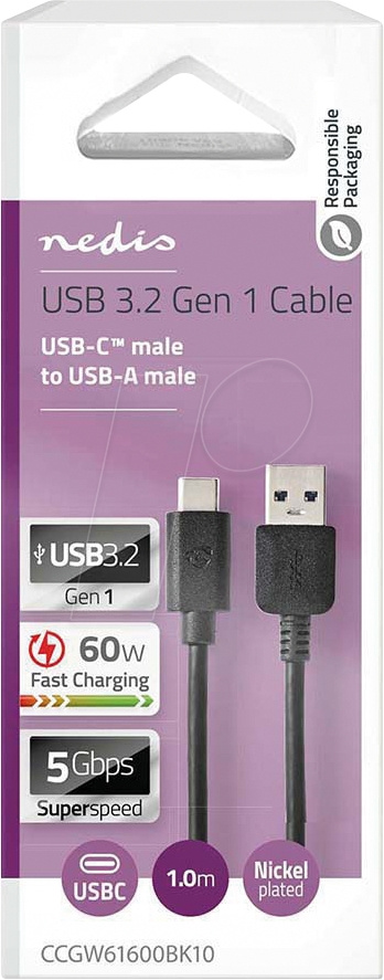 NEDIS CCGW61600BK10 USB-A til USB-C-kabel, sort, 1 meter