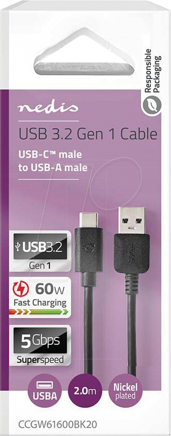NEDIS CCGW61600BK20 USB-A til USB-C-kabel, sort, 2 meter