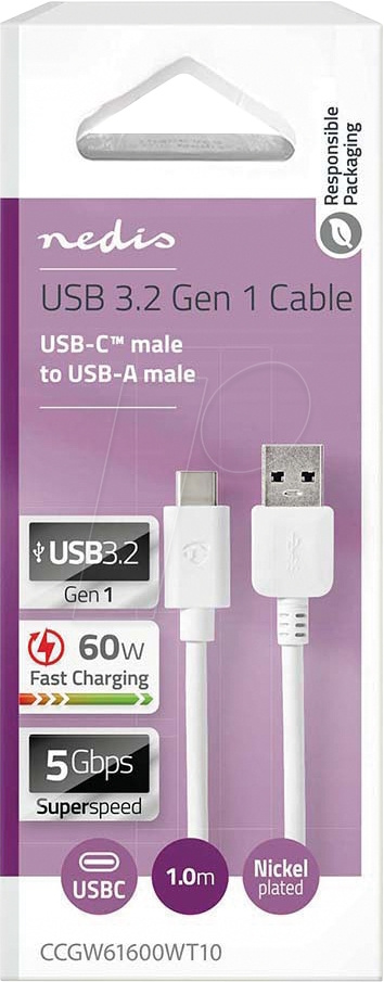 NEDIS CCGW61600WT10 USB-A til USB-C-kabel, hvid, 1 meter