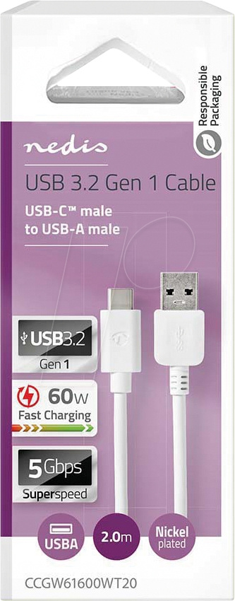 NEDIS CCGW61600WT20 USB-A til USB-C-kabel, hvid, 2 meter