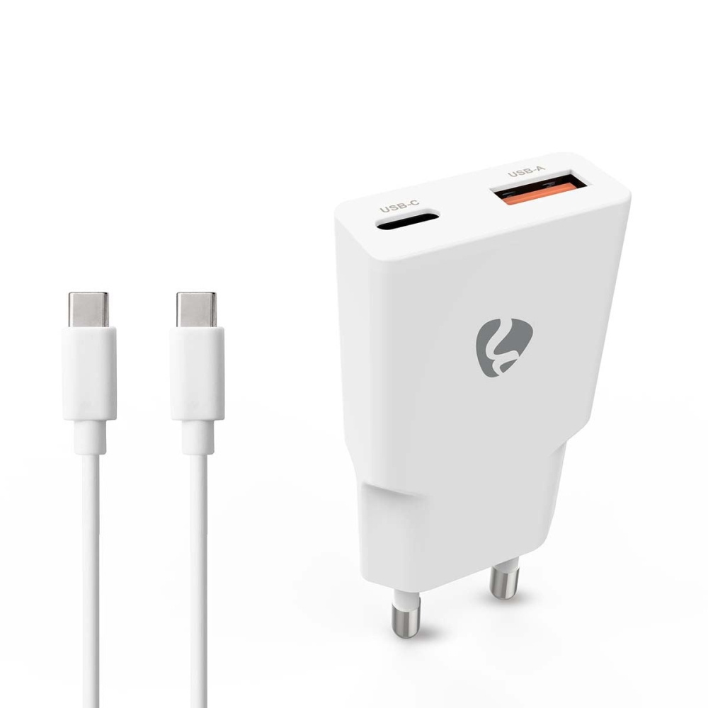 Nedis vægoplader med USB-C-kabel 20 W 1x USB-C 1x USB-A, hvid