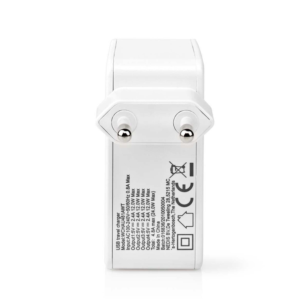 Nedis USB-A-vægoplader, 4 porte, 24 W, hvid