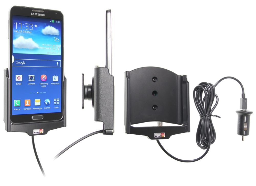 Brodit Aktiv holder med USB-kabel og cigaretadapter, Samsung Galaxy Note 3 SM-N9005 