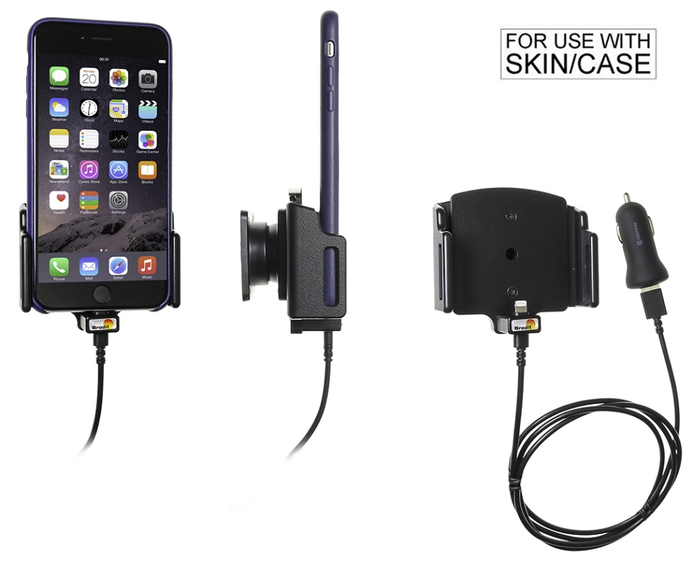 Brodit Aktiv holder med USB-kabel og cigaretadapter, Apple iPhone 11/11 Pro/6 Plus/6S Plus/7 Plus/8 Plus/X/XR/Xs/Xs Max