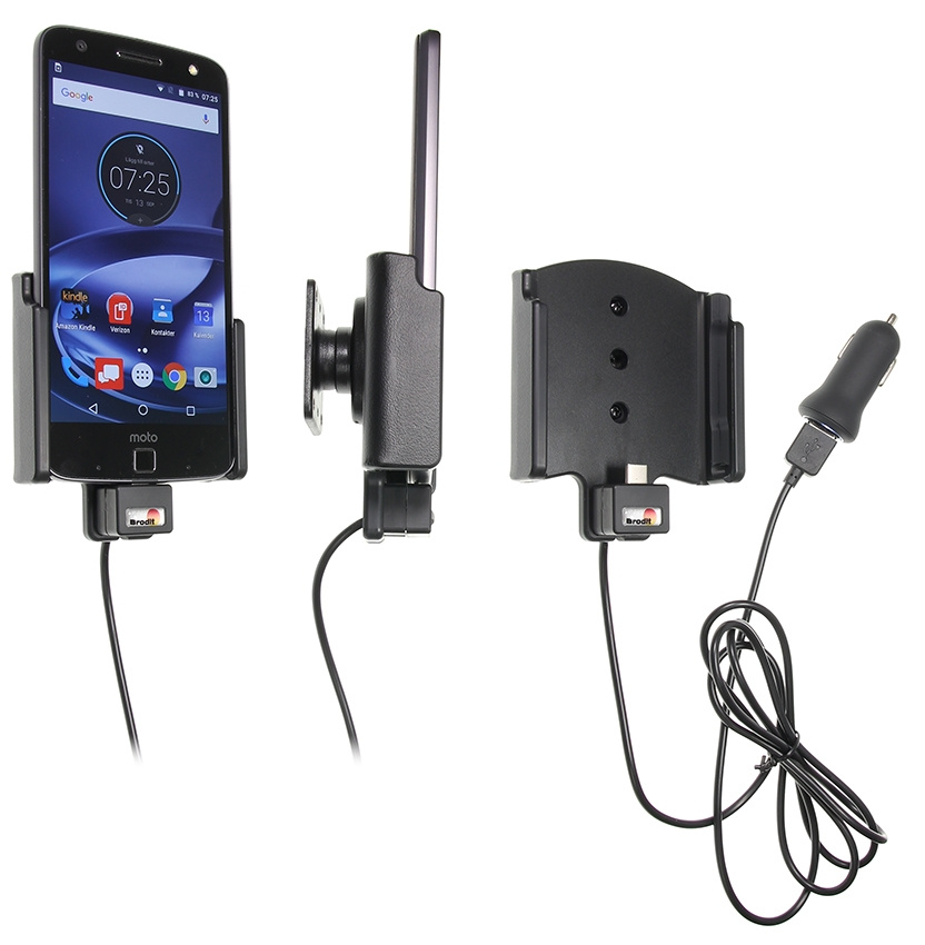 Brodit Aktiv holder med USB-kabel og cigaretadapter, Motorola Moto Z Force Droid 