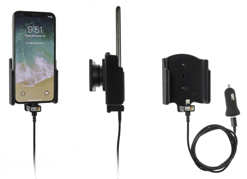 Brodit Aktiv holder med USB-kabel og cigaretadapter, Apple iPhone X/Xs