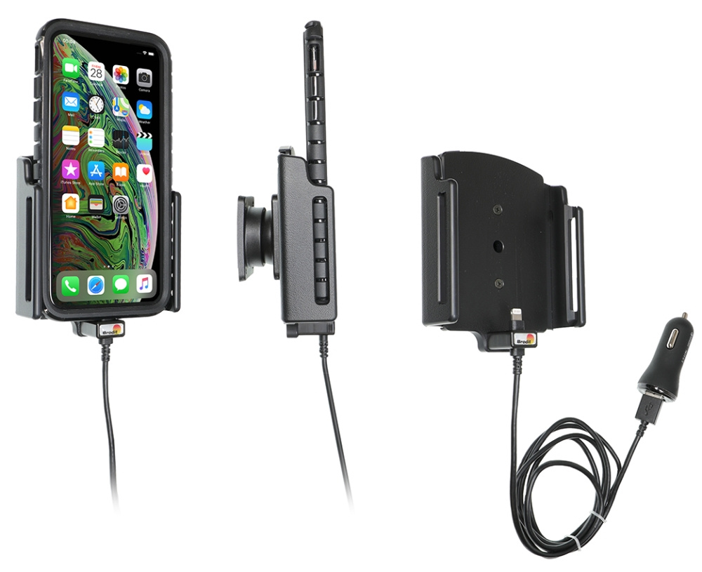 Brodit Aktiv holder med USB-kabel og cigaretadapter, Apple iPhone 11 Pro Max/Xs Max