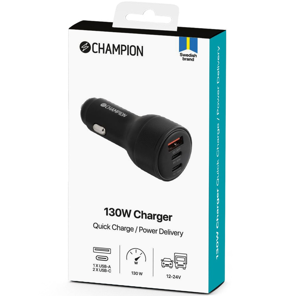 Champion Billaddare 130W 3-port QC/PD, sort