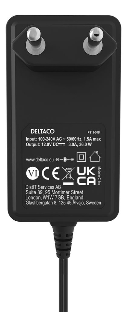 Deltaco PS12-30B strømadapter 12 V DC/3 A, sort