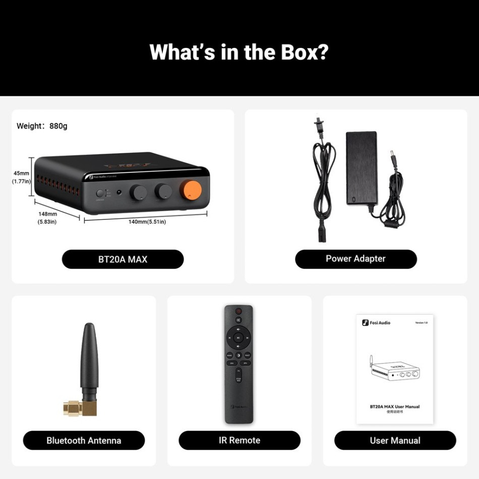 Fosi Audio BT20A MAX stereoforstærker med Bluetooth & 48V strømforsyning