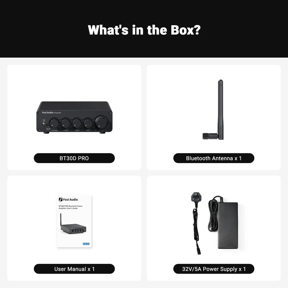 Fosi Audio BT30D, stereoforstærker med Bluetooth & 48V strømforsyning