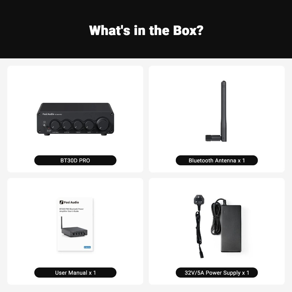 Fosi Audio BT30D, stereoforstærker med Bluetooth & 32V strømforsyning