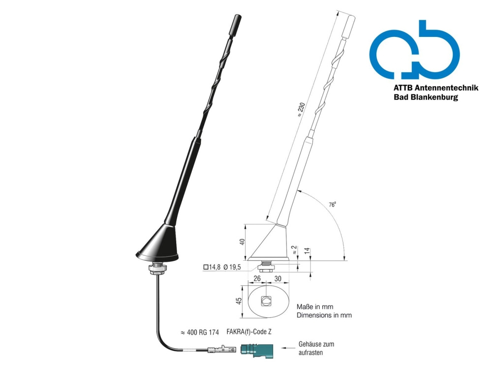 Tagantenne AM/FM DAB+ passiv, 76° hældning