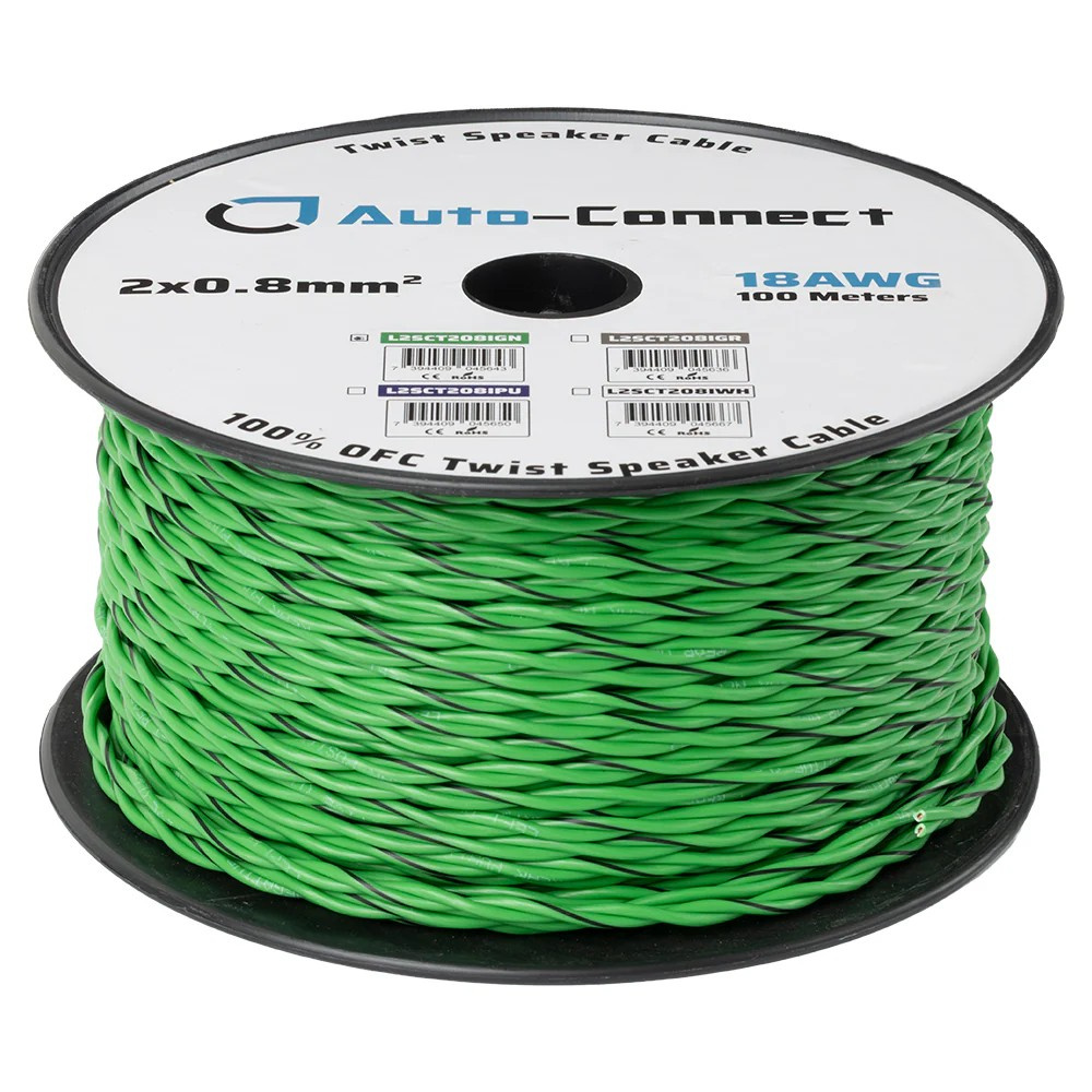 Auto-Connect snoet højttalerkabel 2x0.8mm² grøn, pris per meter