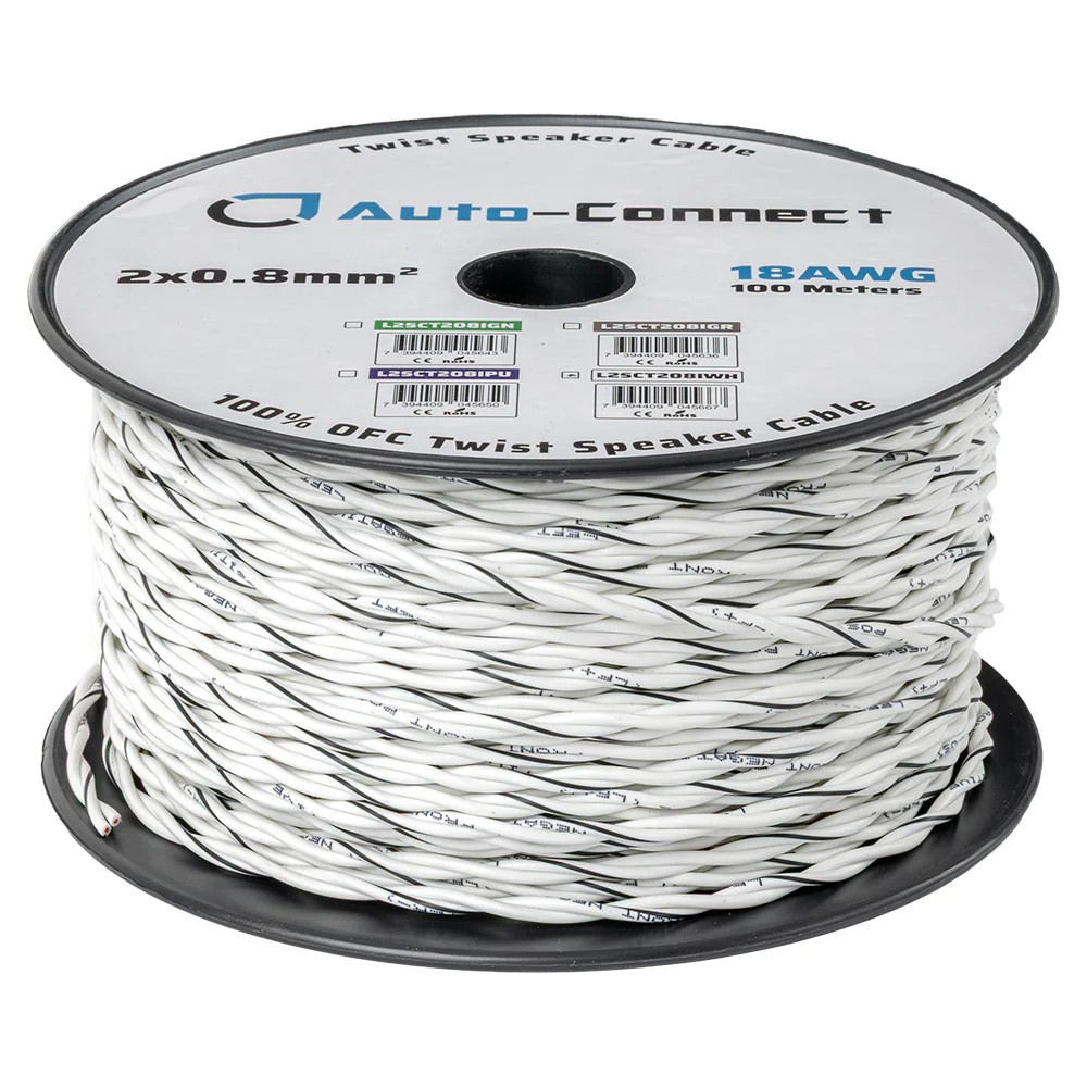 Auto-Connect tvundet højtalerkabel 2x0.8mm² hvid, pris pr. meter