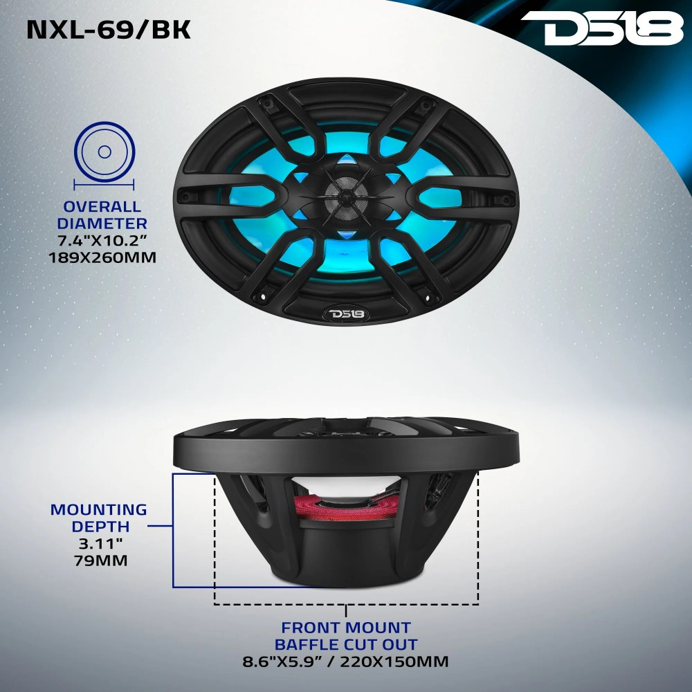 DS18 NXL-69/BK, sorte 6x9-tommer marinehøjttalere med LED, par