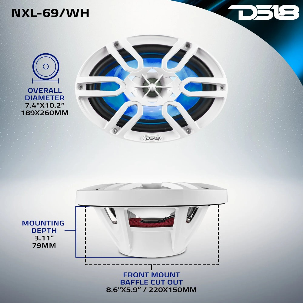 DS18 NXL-69/WH, hvide 6x9-tommer marinehøjttalere med LED, par