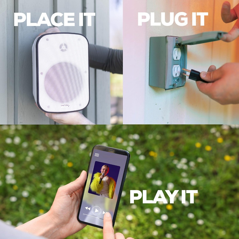 Dayton Audio IO65XP, aktive 6,5-tommers udendørshøjttalere, hvidt par