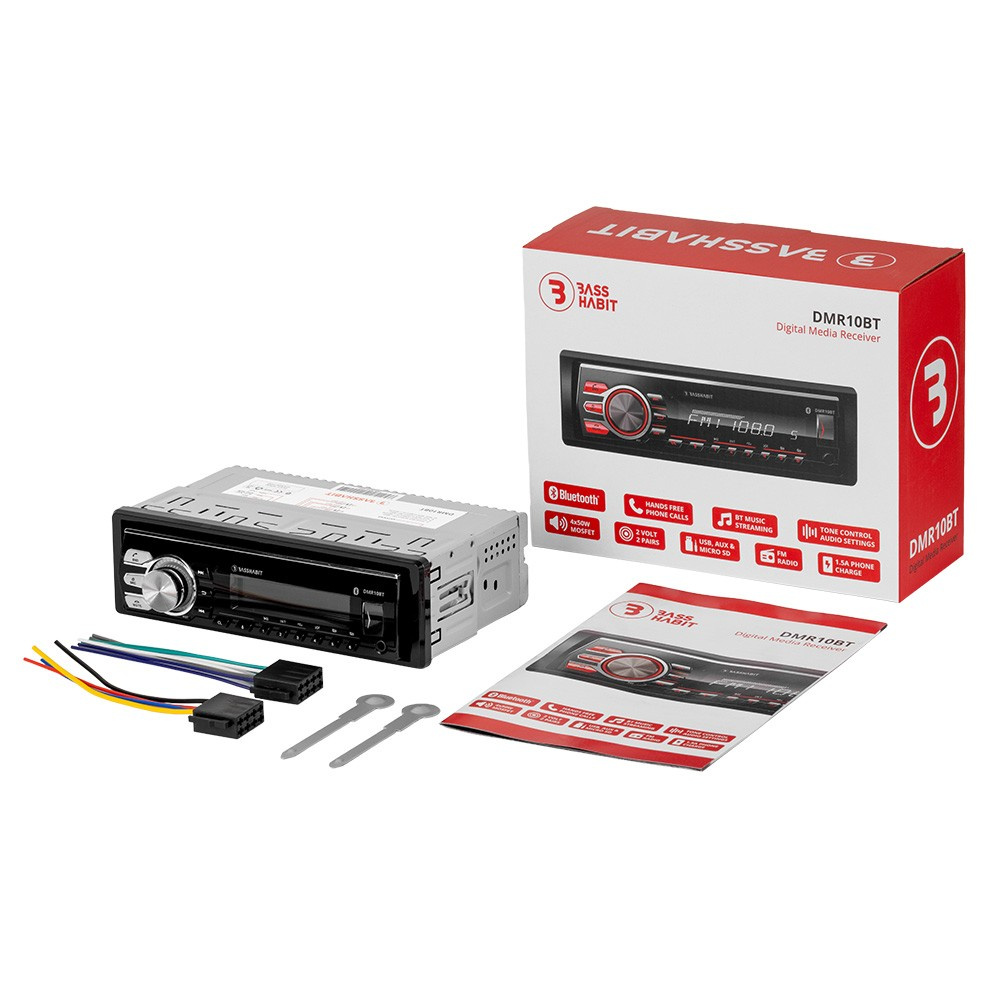 Bass Habit DMR10BT, bilstereo med Bluetooth, AUX, USB og 2 par lavniveau