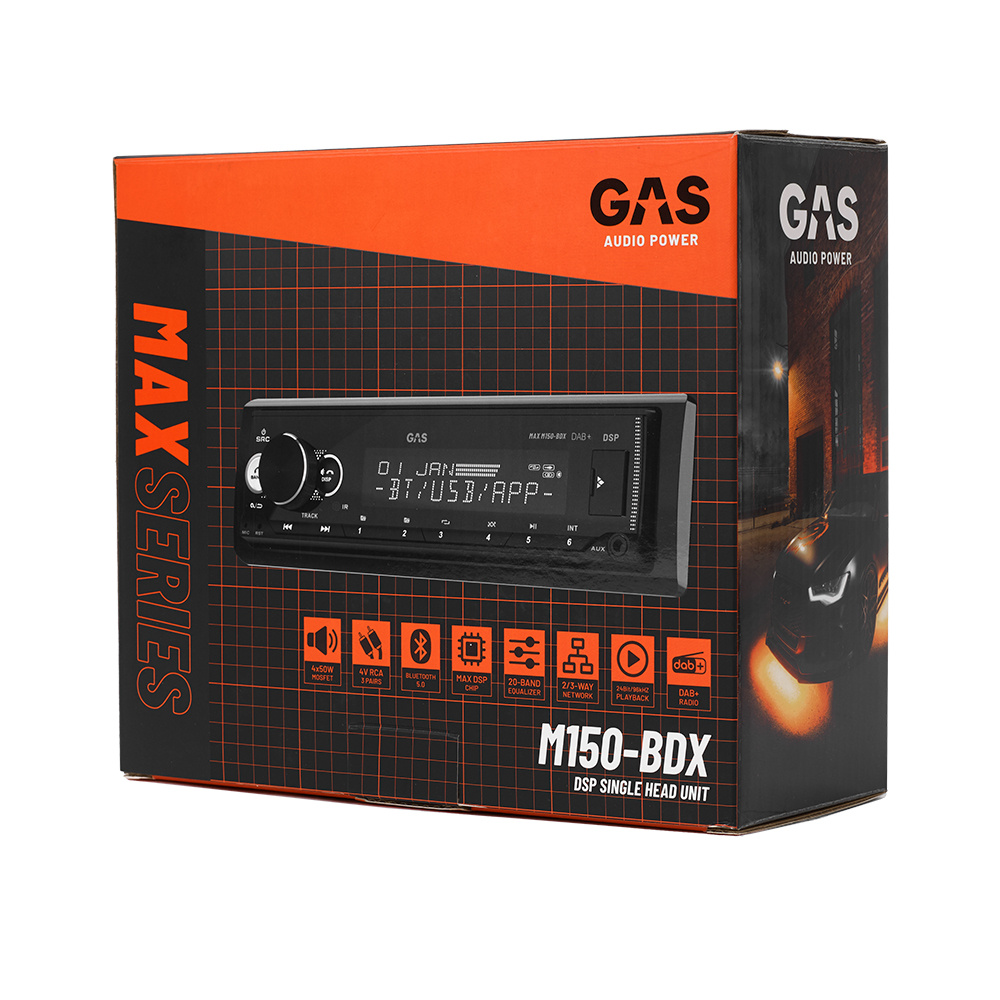 GAS MAX M150-BDX bilstereo med Bluetooth, DAB, 32-bit DSP og 3 par (4V) lavniveau