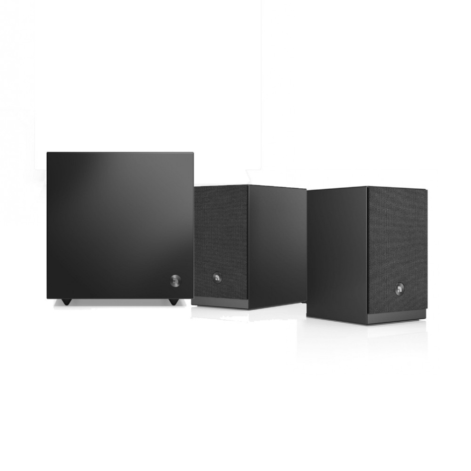 Audio Pro A28 W i sort med SW-5, aktivt 2.1 højttalerpakke