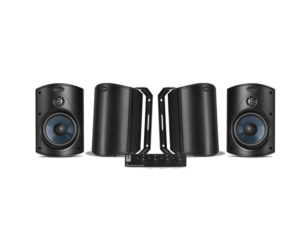 System One SC4B højtaleromskifter & 2 par Polk Audio Atrium 4 Sorte Udendørshøjttalere