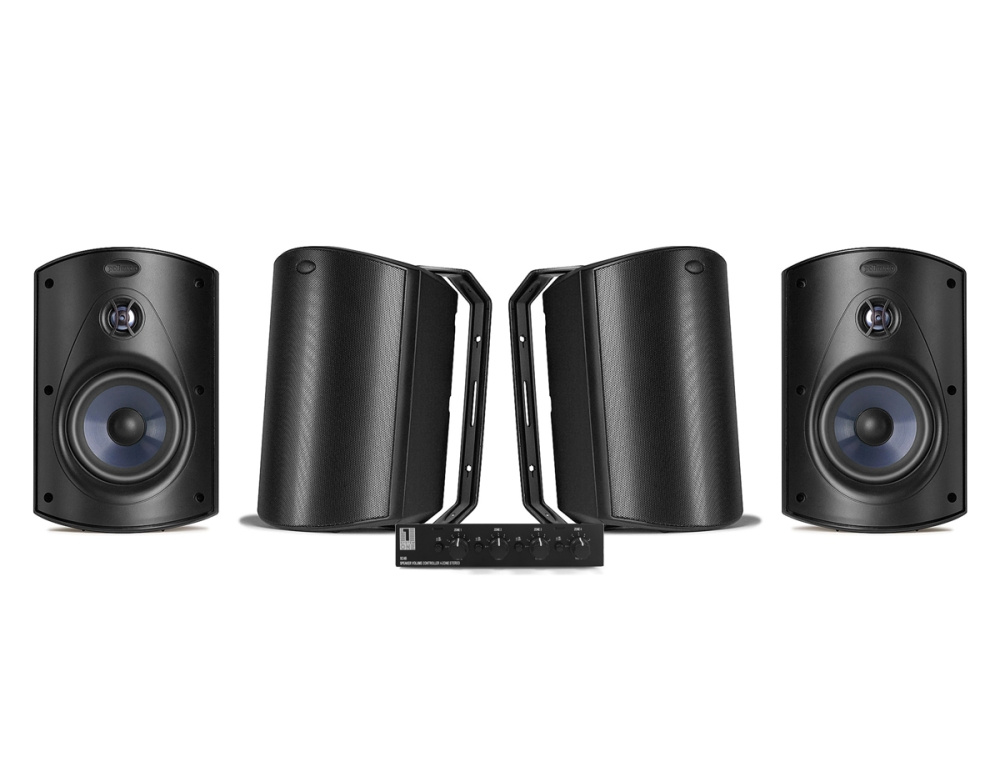 System One SC4B & 2 par Polk Audio Atrium 6 sorte udendørshøjttalere