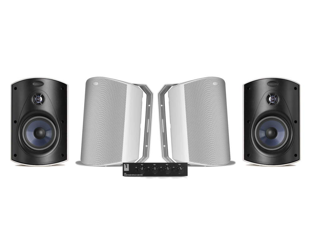 System One SC4B højttaleromskifter & 2 par Polk Audio Atrium 6 Hvide Udendørshøjttalere