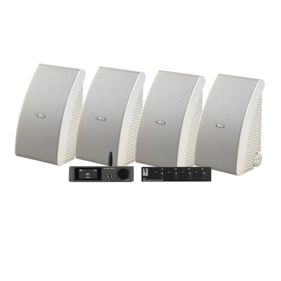4-pack Yamaha NS-AW592 i hvid med Dynavoice CA802BT og SC4B, udendørspakke