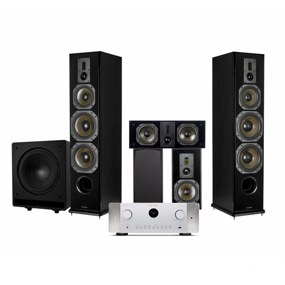 Dynavoice Definition 5.1 hjemmebiografpakke med Marantz Cinema 60 sølv