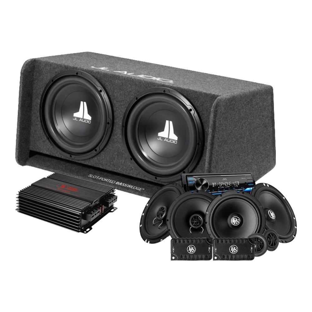 JL Audio CP212-W0v3 med RA1200W, KD-X382BT og DLS-højttalere, komplet pakke