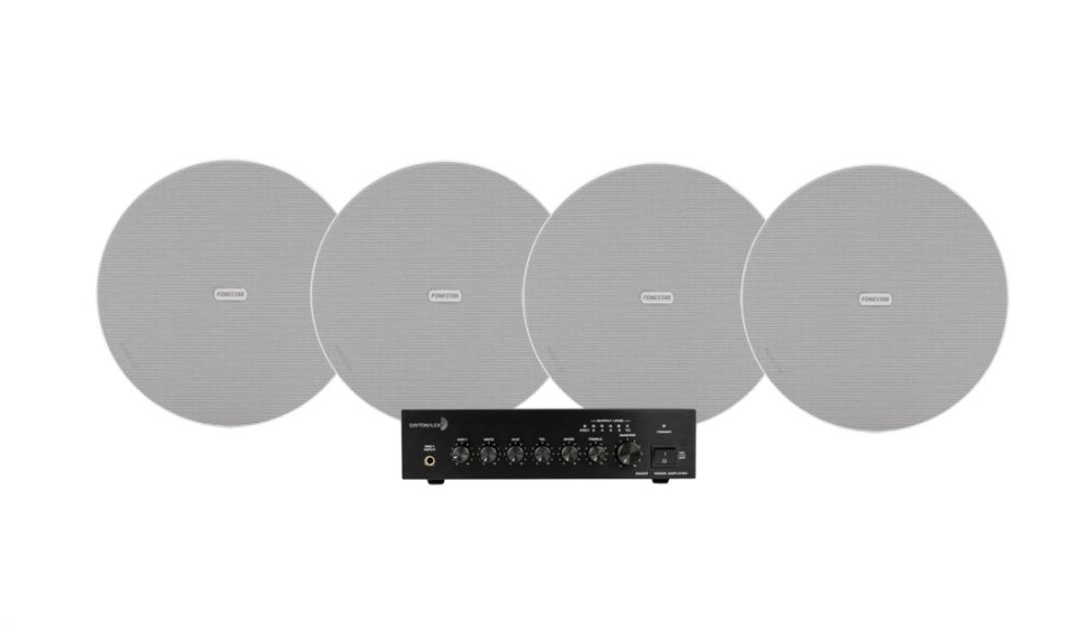 Dayton Audio DA40T med 4 stk Fonestar Sky-6T, kommercielt 100V-pakke