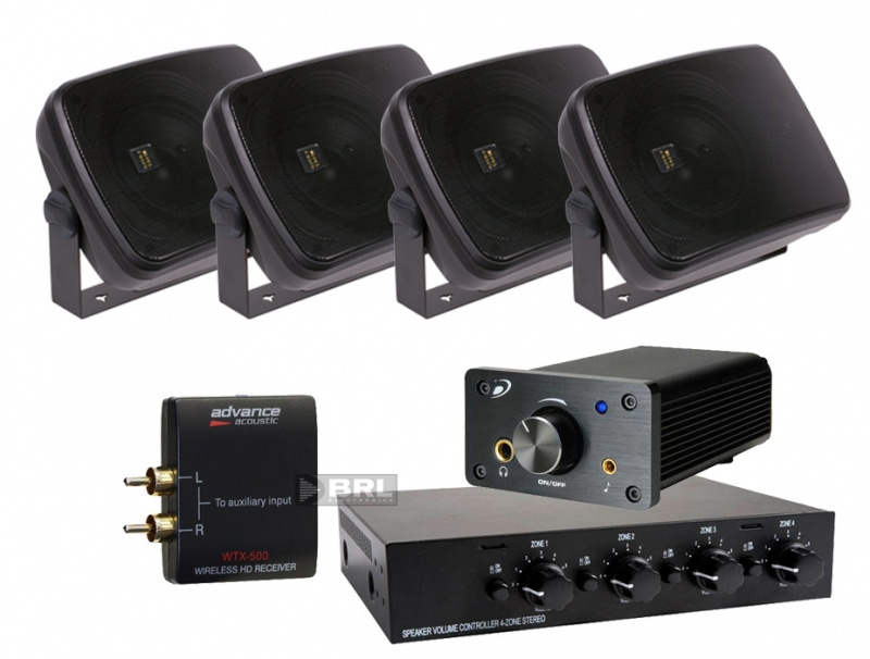 Lådhögtalare, högtalarväxel & förstärkare + trådlös mottagare