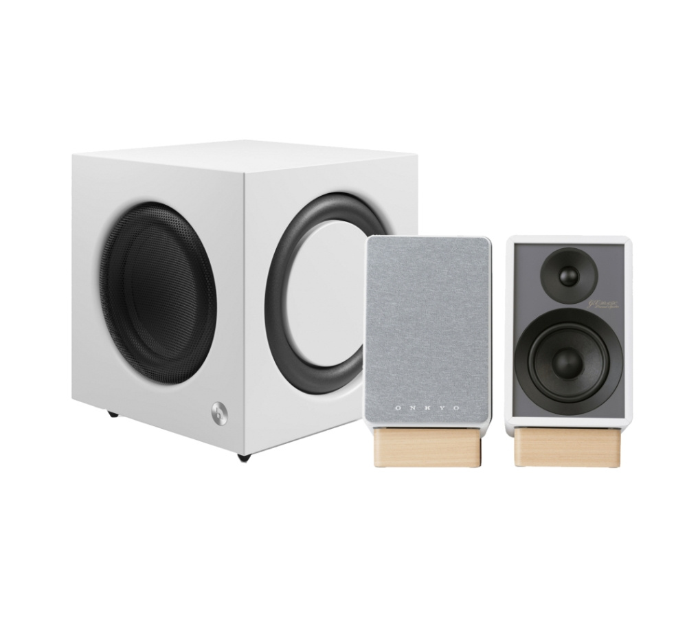 Onkyo GX-30ARC med Audio Pro SW-10, aktivt 2.1 stereopakke i hvid