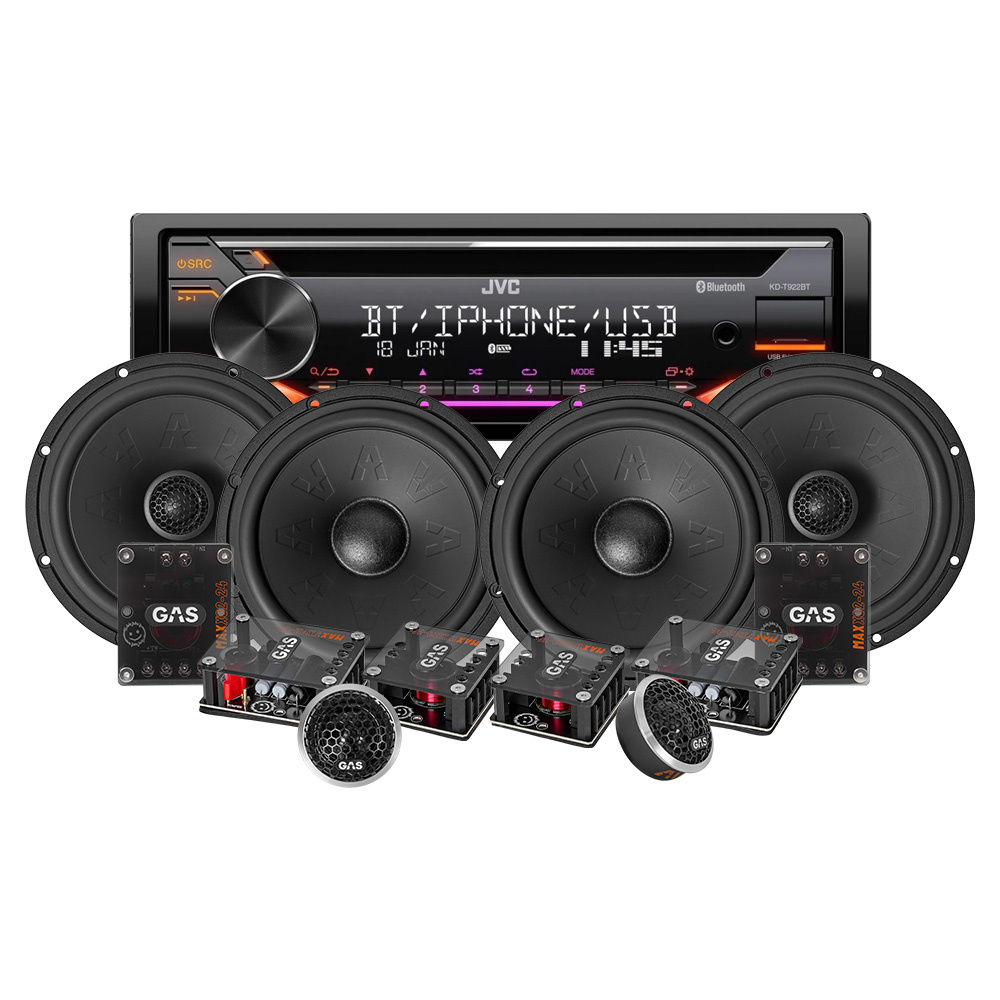 JVC KD-T922BT & GAS MAX K2/X2 for- og bagsystem, bilstereopakke