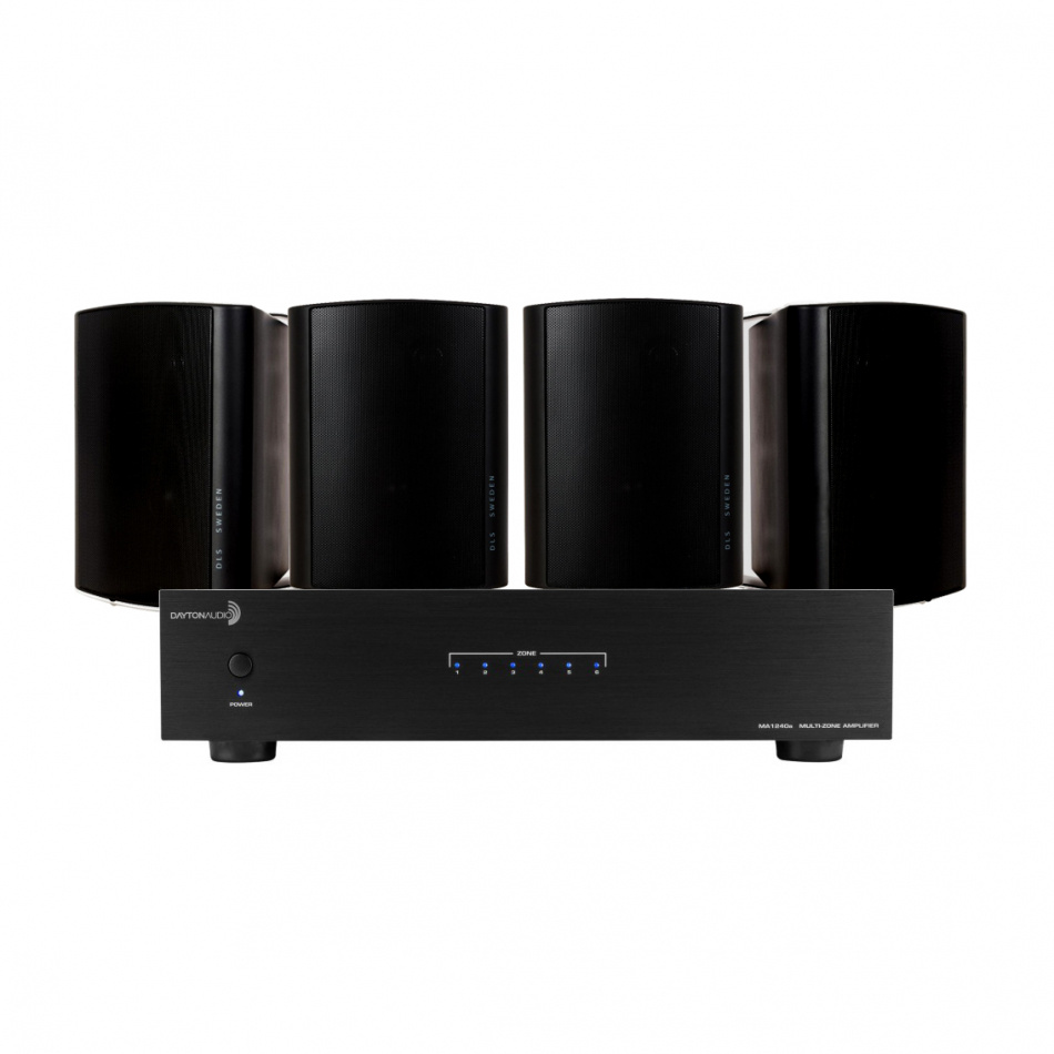 Dayton Audio MA1240 & 2 par DLS MB5i sorte udendørshøjttalere