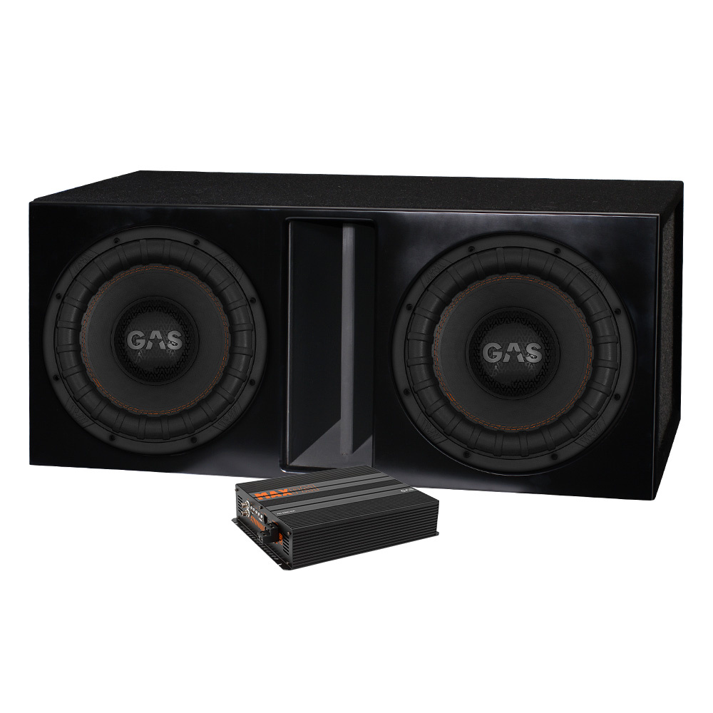 2-pak GAS MAX S2-12D1 i portet kasse med MAX PA1-5000.1DZ1, baspakke